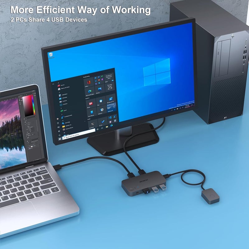Benfei مفتاح USB 3.0، محول USB لتمكين جهازين كمبيوتر من مشاركة 3*USB 3.0 و 1*USB C مع جهاز تحكم عن بعد للماوس ولوحة المفاتيح والطابعة والماسح الضوئي، مفتاح KVM USB متوافق مع ويندوز وماك ولينكس - Image 3